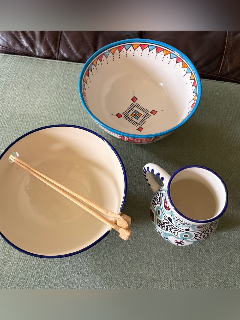 Handcrafted Le Souk Ceramique Mug, Bowl & Serghini Bowl w/Hand Carved Chopsticks - Picture 15 of 15